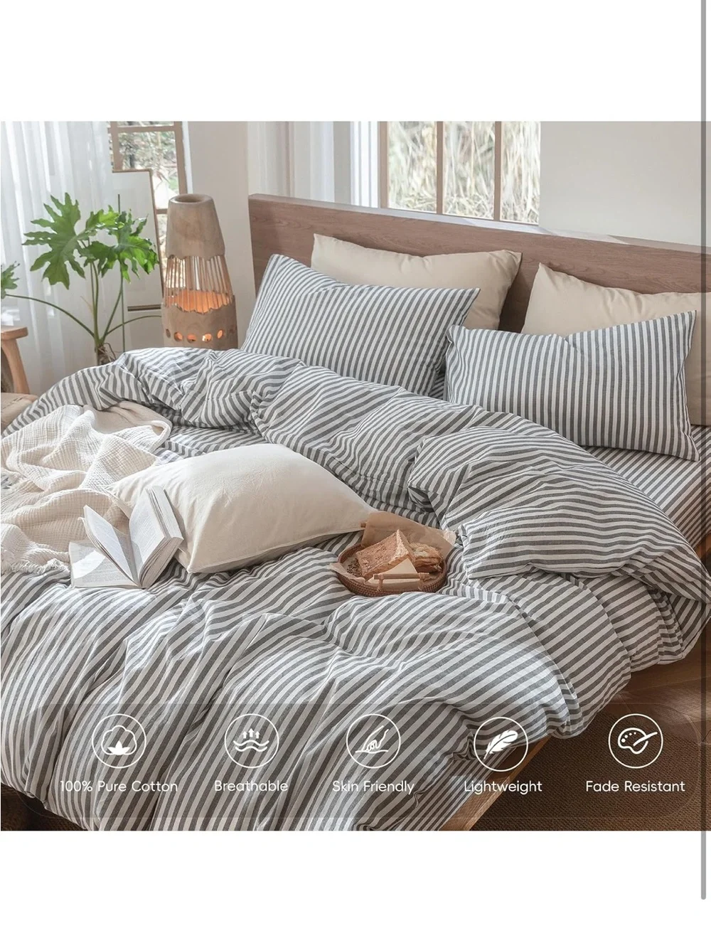NEW MooMee Classic Striped Duvet Cover Set 100% Washed Cotton Linen Like Texture
